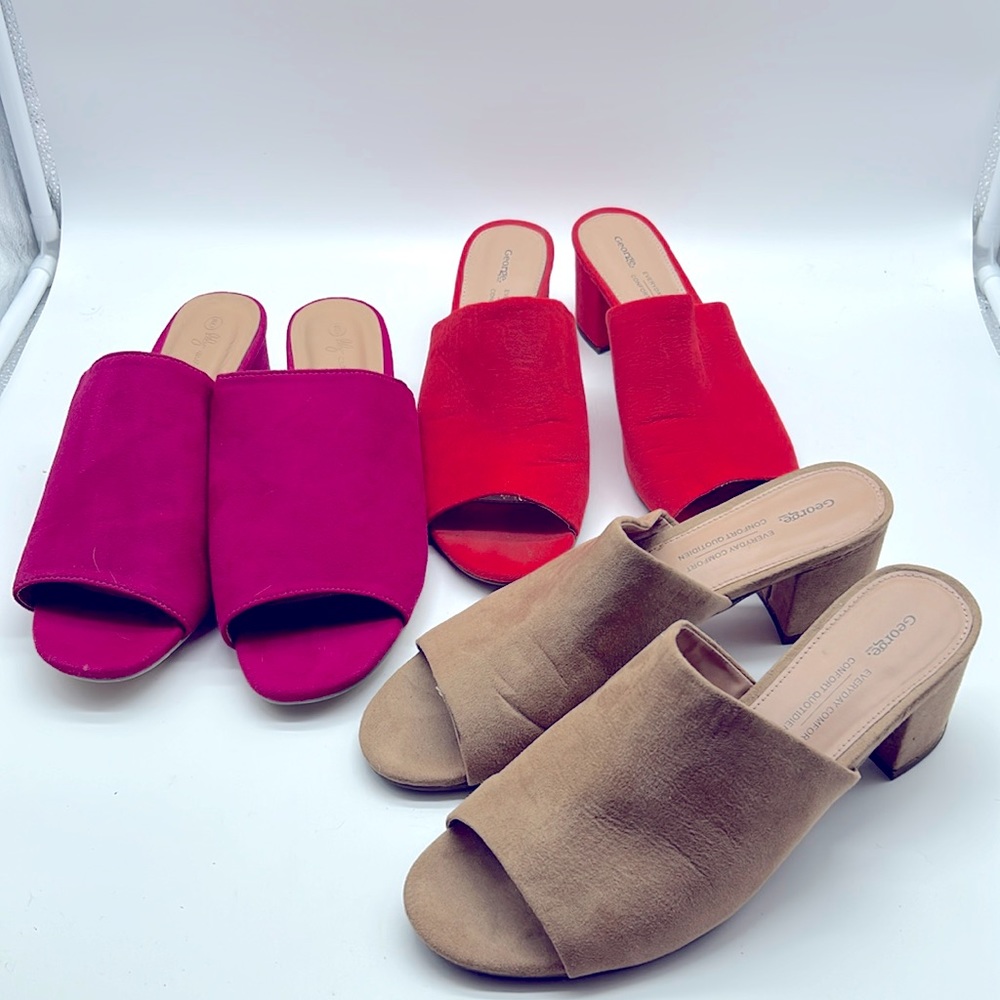 Ladies 3 pairs of open toe sandals with almost 3inch heel, light wear.